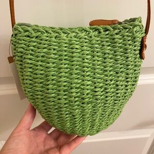 NWT - Straw crossbody bag, green with brown leather  strap.